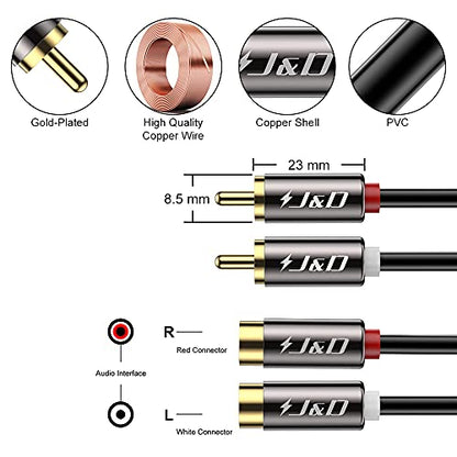 J&D 2 RCA Extension Cable, RCA Cable, Gold Plated Copper Shell Heavy Duty 2 RCA Male to Female Stereo Audio Extension Cable, 6 Feet - size: 6 Feet