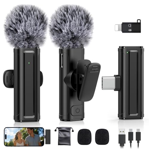Wireless Mini Microphone for iPhone, iPad, Android Phone, 2 Pack Lavalier Mic with 360° Rotatable Clip, Plug and Play Noise Reduction USB-C Lapel Mic for Video Recording YouTube Content Creators
