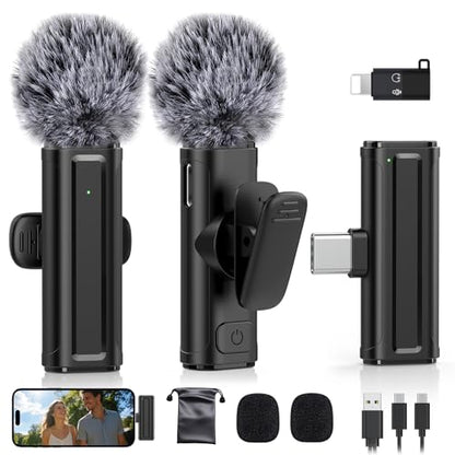 Wireless Mini Microphone for iPhone, iPad, Android Phone, 2 Pack Lavalier Mic with 360° Rotatable Clip, Plug and Play Noise Reduction USB-C Lapel Mic for Video Recording YouTube Content Creators