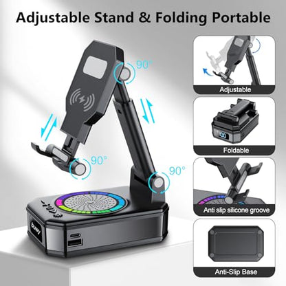 Birthday Gifts for Men Women Teens, Wireless Charger Phone Stand with Bluetooth Speaker, Phone Charger Stand with LED Lights, Anti-Slip Base Adjustable for iOS Android Father's Day Best Gifts - color: Matte Black