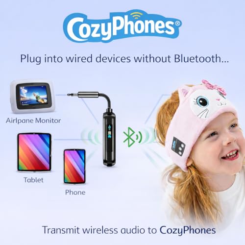 CozyPhones Bluetooth Audio Adapter for Airplane and Tablet Headphone Jacks – Wireless Transmitter for CozyPhones and Other Bluetooth Headphones – 3.5mm AUX Plug, Travel Essential