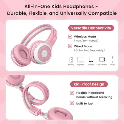 SIMOLIO Manyshare Bluetooth Kids Headphones with Microphone for School,Pink - color: Pink