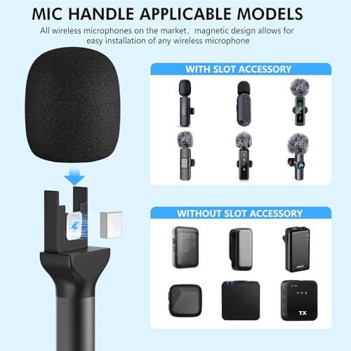 Handheld Adaptor for Interview Mic, 2 Packs Wireless Mic holders for DJI/Rode/Hollyland Lark Lavalier, Universal Magnetic Microfono Stand with Foam Windshield & Flag Station for Interview/Vlogging - size: 2 Pack