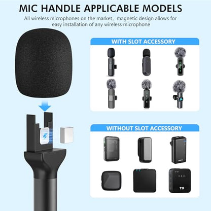 Handheld Adaptor for Interview Mic, 2 Packs Wireless Mic holders for DJI/Rode/Hollyland Lark Lavalier, Universal Magnetic Microfono Stand with Foam Windshield & Flag Station for Interview/Vlogging - size: 2 Pack