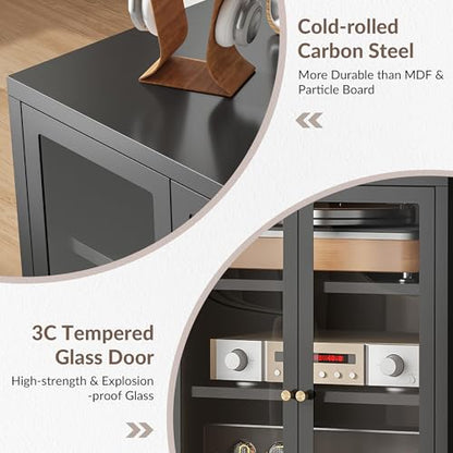 Metal Media Cabinet, 4-Tier Stereo Cabinet with Glass Doors & Adjustable Shelves, Audio AV Rack with Cable Management, Black - color: Black, style: FloorSeal