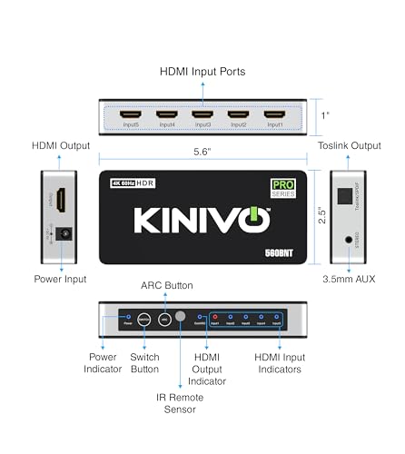 Kinivo HDMI Switch with Audio Extractor 560BNT (5 in 1 Out Hub, Toslink Optical Audio Port, SPDIF, 4K 60Hz Switcher, 18Gbps, IR Remote) - Compatible with Gaming Console, Cable TV, PC, Dolby Digital - size: 4K - 5 Port with Toslink
