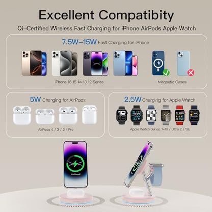 3 in 1 MagSafe Wireless Charger Stand for iPhone Apple Watch AirPods | Adjustable Blue Ambient Light,15W Magnetic Charging Station for iPhone 17 16 15 14 13 12 Series Wireless Charging Station - color: Pink