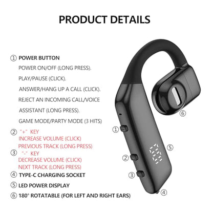 Bluetooth earpiece V5.3 Single Ear Bluetooth Headset, with Noise Cancellation and Microphone Compatible, Talk time of 30 Hours Bluetooth Phone Headset, Available for iPhone and Android.