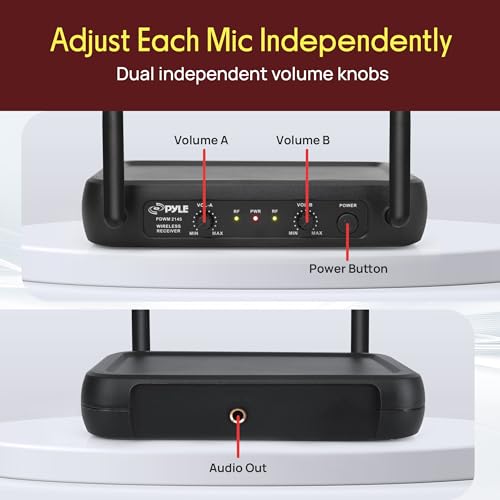 Pyle Dual Channel Wireless Microphone System - VHF Fixed Dual Frequency Wireless Mic Receiver Set with 2 Lavalier, 2 Headset Mics, 2 Transmitter, Receiver - For PA, Karaoke, Dj Party - Pyle PDWM2145