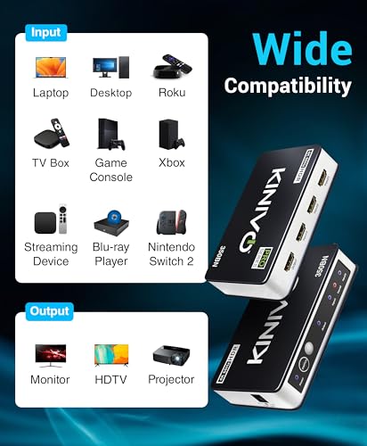 Kinivo HDMI Switch 3 in 1 Out 4K 60Hz (HDR 10, High Speed 18Gbps, IR Remote, HDCP2.2, Dolby Vision, VRR) - 350BN Switcher Compatible with Roku, PS5, Xbox, Apple TV, Nintendo Switch 2, Cable Box - size: 4K - 3 Port