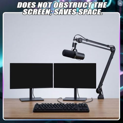 Microphone Boom Arm, 360° Rotatable Mic Arm Stand, Adjustable Height Overhead Mic Holder with Desk Clamp, Cable Channels, 3/8" to 5/8" Threads for Podcast Streaming Gaming Studio Recording