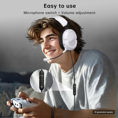 AOC Wired Gaming Headset for Xbox, PS5, PC, HD Mic, Stereo Bass, 79in Cable | 207g 초경량, 인라인 컨트롤, 부드러운 귀마개, 3.5mm 스플리터가 있는 게이밍 헤드폰, 게이머 선물 - color: 화이트.