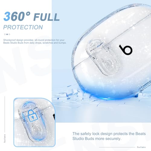 for Beats Studio Buds/Studio Buds Plus Case Cover with Lock, Glitter Clear | Protective Cover for New Beats Studio Buds + Wireless Earbuds Case with Keychain & Cleaner Kit (2021/2023) - color: Glitter Clear+P