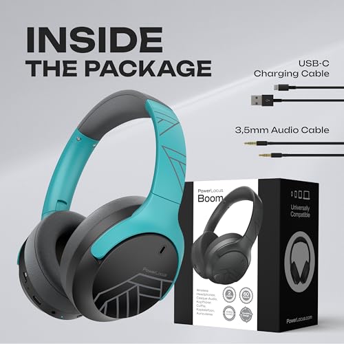 PowerLocus Bluetooth Headphones Over Ear, 60H Playtime, 4 EQ Modes Wireless Headphones with Microphone, Hi-Fi Stereo Deep Bass Foldable Headphone, Soft Foam Ear Cups,Fast Charging for Travel/PC/Phones - color: Grey/Mint
