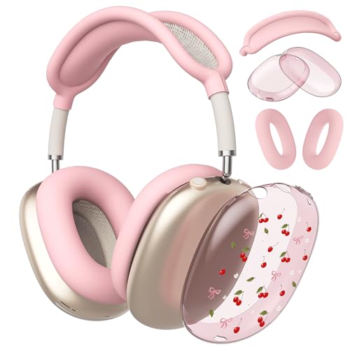 Pink Cherry Bow Clear Case for Airpods Max Headphones Cute Kawaii Soft TPU Ear Cups Cover Anti-Scratch Silicone Ear Pad Protective Case Fashion Print Headband Cover for Apple Airpods Max - color: Cherry bow 05