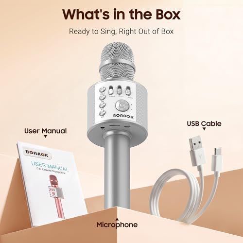 BONAOK Bluetooth Karaoke Microphone, Portable Mic for Adults Kids | Bluetooth 5.0, Echo Mode,Built-in Speaker, SD Card, for iPhone iPad, Handheld,Home Karaoke,Party,Gifts - color: Silver