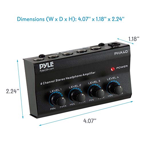 4-Channel Portable Stereo Headphone Amplifier - Professional Multi Channel Mini Earphone Splitter Amp w/ 4 ¼” Balanced TRS Headphones Output Jack and 1/4" TRS Audio Input For Sound Mixer - Pyle PHA40 BLACK - size: 6X6X5