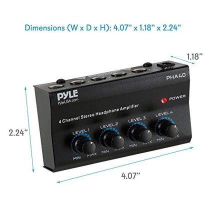 4-Channel Portable Stereo Headphone Amplifier - Professional Multi Channel Mini Earphone Splitter Amp w/ 4 ¼” Balanced TRS Headphones Output Jack and 1/4" TRS Audio Input For Sound Mixer - Pyle PHA40 BLACK - size: 6X6X5