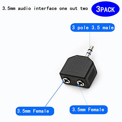 3.5mm Headphone Y Splitter, Gold Plated 3.5mm 1/8 inch Male to Dual Female Stereo Jack Adapter Converter,3-Pack