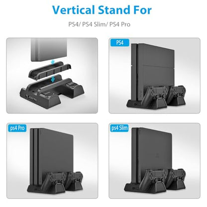 Vertical Stand for PS4/PS4 Slim/PS4 Pro, Black | Cooling Fan, Controller Charging Station, 12pcs Game Storage, PlayStation 4 Charger