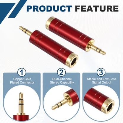 MECCANIXITY 2Pcs TRS 3.5mm Male to 6.35mm Female Stereo Headphone Adapter, 1/8" Plug to 1/4" Jack Pure Copper Audio Converter Gold Plated for Guitars Speakers Laptops, Red - color: Red