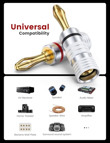 MOSWAG Banana Plugs for Speaker Wire(6 Pairs/12 pcs) Banana Plug Adapter | Brass Speaker Connectors with Dual Set Screws, Black and Red Shell Banana Plugs for Home Theater, A/V Receiver, Amplifiers - size: 6 Pairs