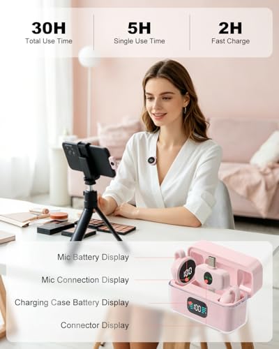 Wireless Microphone for iPhone & USB C Android, AI Noise Canceling Lapel Mic with Charging Case Magnetic Clip LCD Display DSP Chip Lavalier Mini Microphone for Vlogging Tiktok Live Stream YouTube Pink - color: Pink