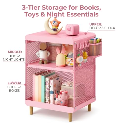 SYKIARIOL Kids Nightstand for Girls, 3-Tier Storage Shelf, Pink | Metal Bedside Table with 4 Hooks & Hanging Basket, Toddler Night Stand for Bedroom - color: Classic Pink