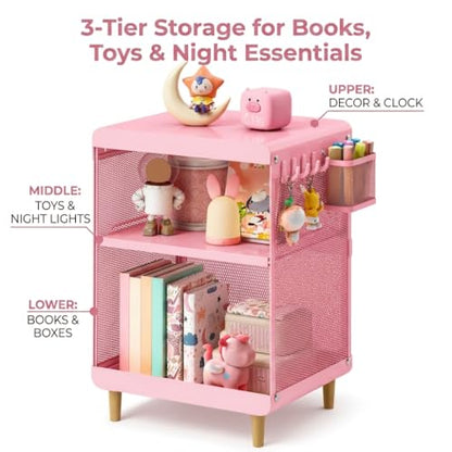 SYKIARIOL Kids Nightstand for Girls, 3-Tier Storage Shelf, Pink | Metal Bedside Table with 4 Hooks & Hanging Basket, Toddler Night Stand for Bedroom - color: Classic Pink