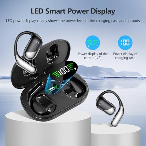 Open Ear Clip Wireless Earbuds Bone Conduction Headphones, Bluetooth Built-in Mic, Waterproof, LED Display Charging Case,Ear Hooks Ear Buds, Ultra-Comfort Design for Running/walking/office/workout - color: black classic