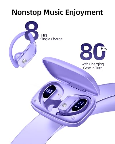 Wireless Earbuds Bluetooth Headphones Over Ear Hooks Ear Buds with 80H Playtime, LED Power Display, Dual Mic Clear Calls, Sports Wireless Ear Buds Bluetooth Earbuds for Running Gym Workout (Purple) - color: Purple