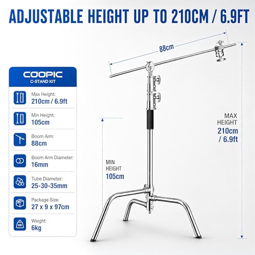 C Stand with Boom Arm, 6.9ft/210cm, 88cm Extension Arm | Heavy Duty Stainless Steel, Turtle Base, 2 Grip Heads, Buffer Spring, For Softbox, Reflector, Strobe - size: 210cm 1 Pack