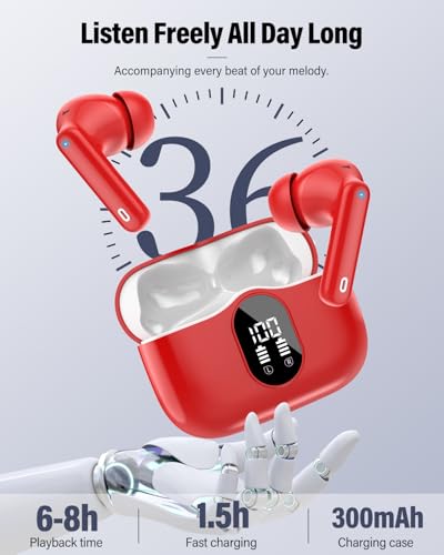 Wireless Earbuds, Bluetooth 5.4 Headphones Bass Stereo/Clear Calls, Red | Ear Buds with Noise Cancelling Mic LED Display in Ear Earphones IP7 Waterproof 36H Bluetooth Earbuds for Phones/Sport/Laptop - color: Red