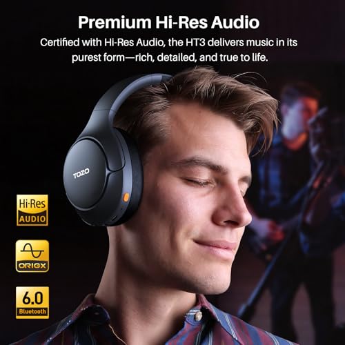 TOZO HT3 Hybrid Noise Cancelling Wireless Headphones, 90H Over Ear Headset | Hi Res Audio, AI Voice Assistant, Dual Device Connection, 32 Custom EQs, Built In 5 Mics, ANC, Foldable with Case - color: Black