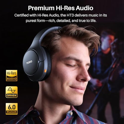 TOZO HT3 Hybrid Noise Cancelling Wireless Headphones, 90H Over Ear Headset | Hi Res Audio, AI Voice Assistant, Dual Device Connection, 32 Custom EQs, Built In 5 Mics, ANC, Foldable with Case - color: Black