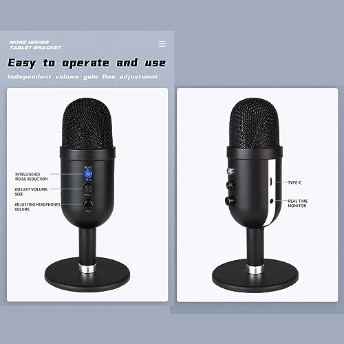 USB Microphone, USB Condenser Microphone with Noise Canceling and RGB Light, Reverb Processing Mic for PC OS X, Plug and Play Computer Mic with Headphone