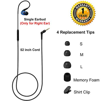 Wired Stereo-to-Mono Single Earbud with Mic and Control, Right Ear Only | Over Ear Hook, Mono Earphone Case, for Cell Phones Laptop, One Ear in-Ear Headphone Headset for Driving Sport Running Cycling