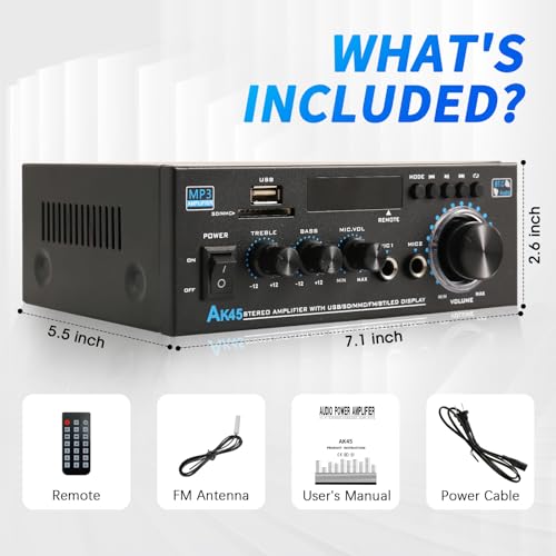 KG AK45 Home Audio Amplifier Receiver — Dual-Channel (Max 300W×2 / RMS 20Wx 2) Stereo Amplifier, Bluetooth 5.0 Speaker Amp, Supports FM Radio/USB/SD Card Playback, Includes Remote Control - size: 600W 2-Channel