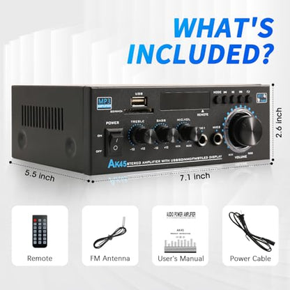 KG AK45 Home Audio Amplifier Receiver — Dual-Channel (Max 300W×2 / RMS 20Wx 2) Stereo Amplifier, Bluetooth 5.0 Speaker Amp, Supports FM Radio/USB/SD Card Playback, Includes Remote Control - size: 600W 2-Channel