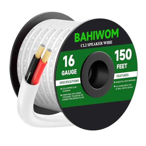 White Speaker Wire 16 Gauge 150FT CL2 Rated CCA Speaker Cable | Flexible PVC Jacket 2 Conductors Red & Black Polarity Mark for Home Theater,Indoor,In-Wall,In-Ceiling & Marine - size: 150 FT, style: 16GAUGE