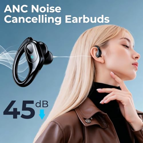 occiam Active Noise Cancelling Earbuds Wireless Bluetooth Headphones Ear Buds 90Hrs Playback Stereo Bass Earphones with Mic Over-Ear Hooks IPX7 Waterproof Headset for Work Sports (Glossy Black) | Ear Buds 90Hrs Playback Stereo Bass Earphones with Mic Over