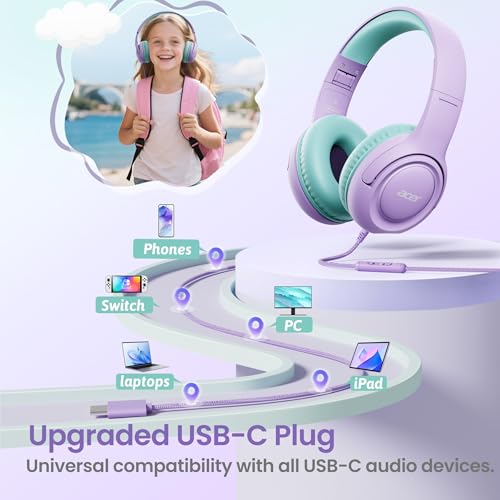Acer USB‑C Kids Headphones for School, 85‑94dB Limiter, w/Mic HK03C | Foldable Wired Over Ear Headphones, for Toddler School/Travel/iPad/Tablet, Purple‑Green - color: USB-C Green-Purple
