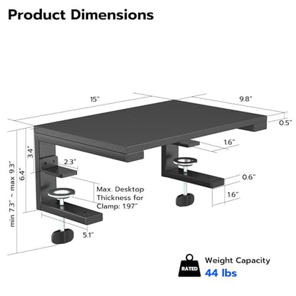 ARES WING Clamp-On Desk Extender Monitor Shelf, 15x9.8 up to 44lbs | Desktop Riser for Office/Gaming，Space Booster，Freestanding or Clamp Mount，No Drill Desktop Organizer，Black - size: 15“, style: no hook