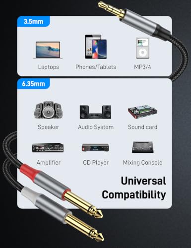 1/8" to 1/4" Stereo Cable 3.3FT, 1/8 Inch TRS Stereo to Dual 1/4 inch TS Mono Y Splitter Cable for Smartphone, Mixer,PC, CD Player, Speakers and Home Stereo System - size: 3.3FT