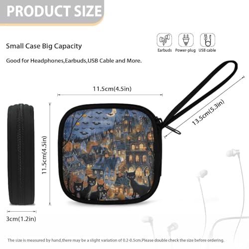 Portable Small Square Storage Pouch for Earbuds in-Ear Headphones Earphones Hearing Aids USB Charging Cable Headset Carrying Case(Halloween Cat Bat) - color: Halloween Cat and Bat