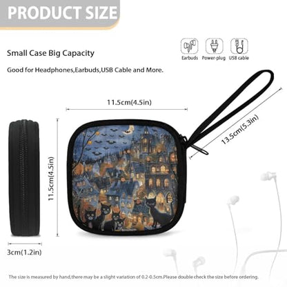 Portable Small Square Storage Pouch for Earbuds in-Ear Headphones Earphones Hearing Aids USB Charging Cable Headset Carrying Case(Halloween Cat Bat) - color: Halloween Cat and Bat
