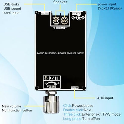 ZK-1001B Bluetooth 5.1 Audio Amplifier Board with 100W Mono,DC 7-24V Mini Audio Power Amplifier Module,Bluetooth/AUX/USB Input,with Volume Control,DIY Speaker System Kit for Home Car - size: ZK-1001B