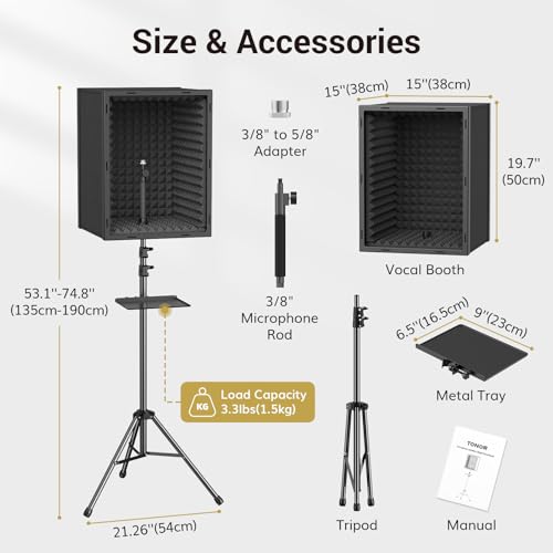 TONOR Microphone Isolation Shield, Professional Mic Shield for Studio with Tripod Stand, Adjustable Height Max 53.1 inch, Sound Proof Box for Singing, Recording Studio Equipment