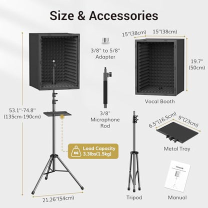 TONOR Microphone Isolation Shield, Professional Mic Shield for Studio with Tripod Stand, Adjustable Height Max 53.1 inch, Sound Proof Box for Singing, Recording Studio Equipment