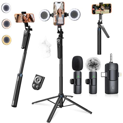Tripod for iPhone Vlogging Kit with Mini Microphone, Light & Remote